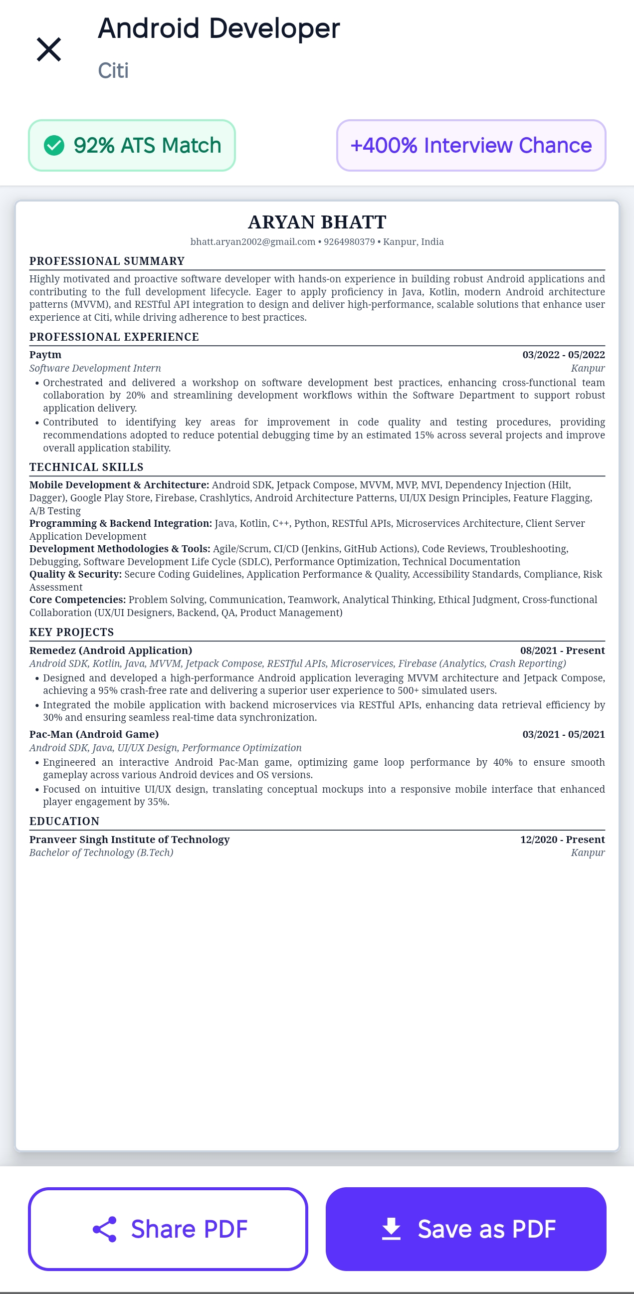 FirstHire Resume Tailor Interface